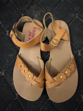 Rachel Shoes Tan Floral Ankle-Strap Sandals with Gold Accents